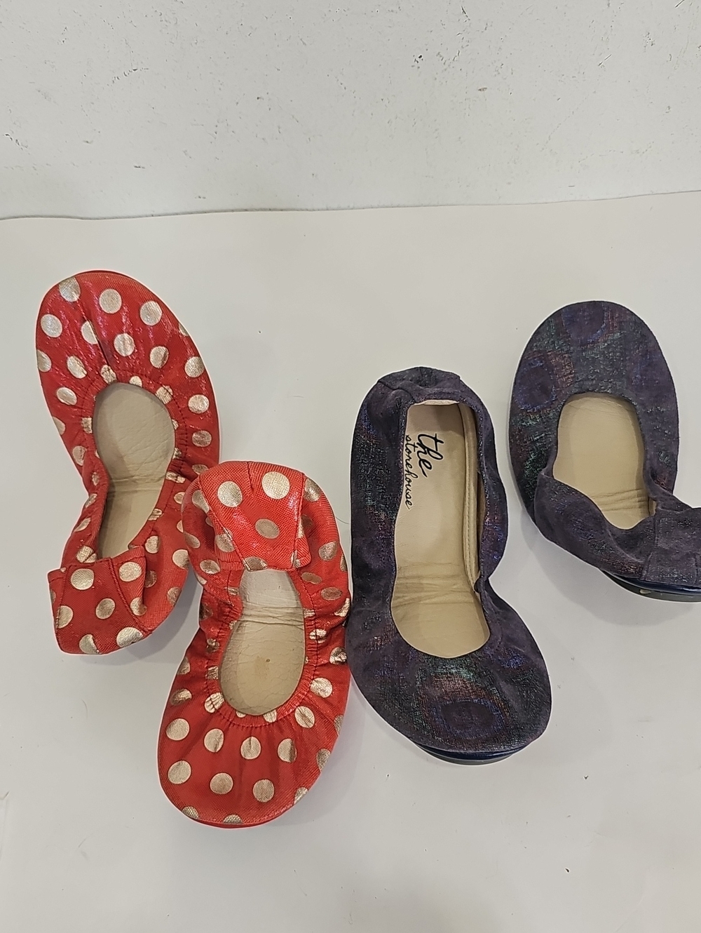 2 The Shoe House Foldable Ballet Flats  Red Polka Dot & Purple Metallic Size 9